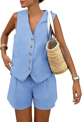 PRETTYGARDEN Women's Summer 2 Piece Outfits Sleeveless Matching Sets Button Down V Neck Vest Waistcoat and Pockets Shorts