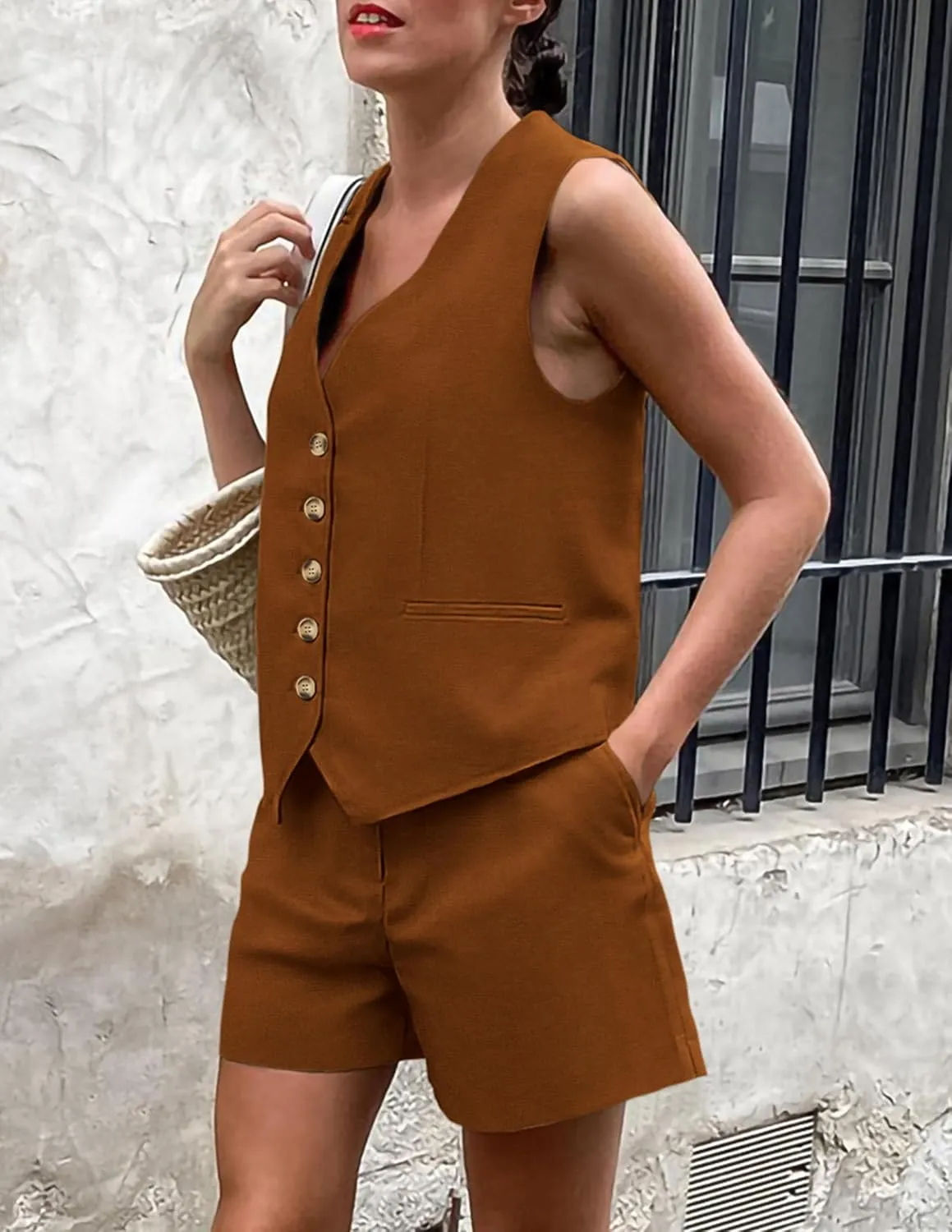 PRETTYGARDEN Women's Summer 2 Piece Outfits Sleeveless Matching Sets Button Down V Neck Vest Waistcoat and Pockets Shorts