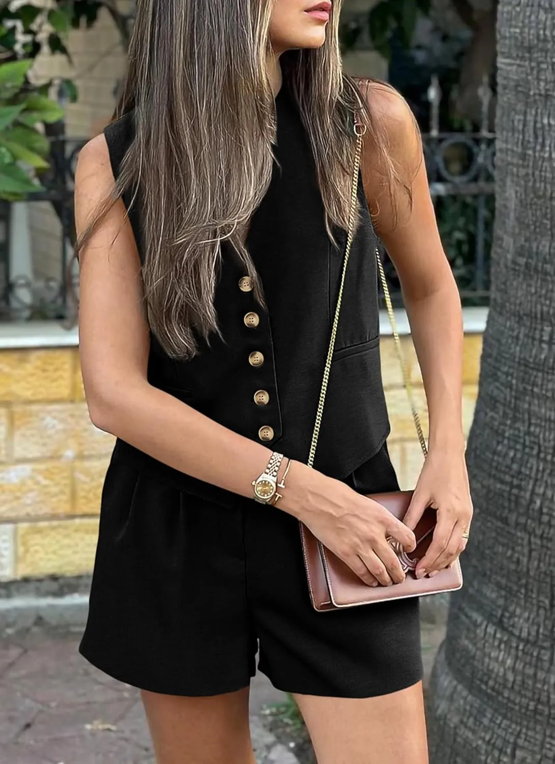 PRETTYGARDEN Women's Summer 2 Piece Outfits Sleeveless Matching Sets Button Down V Neck Vest Waistcoat and Pockets Shorts
