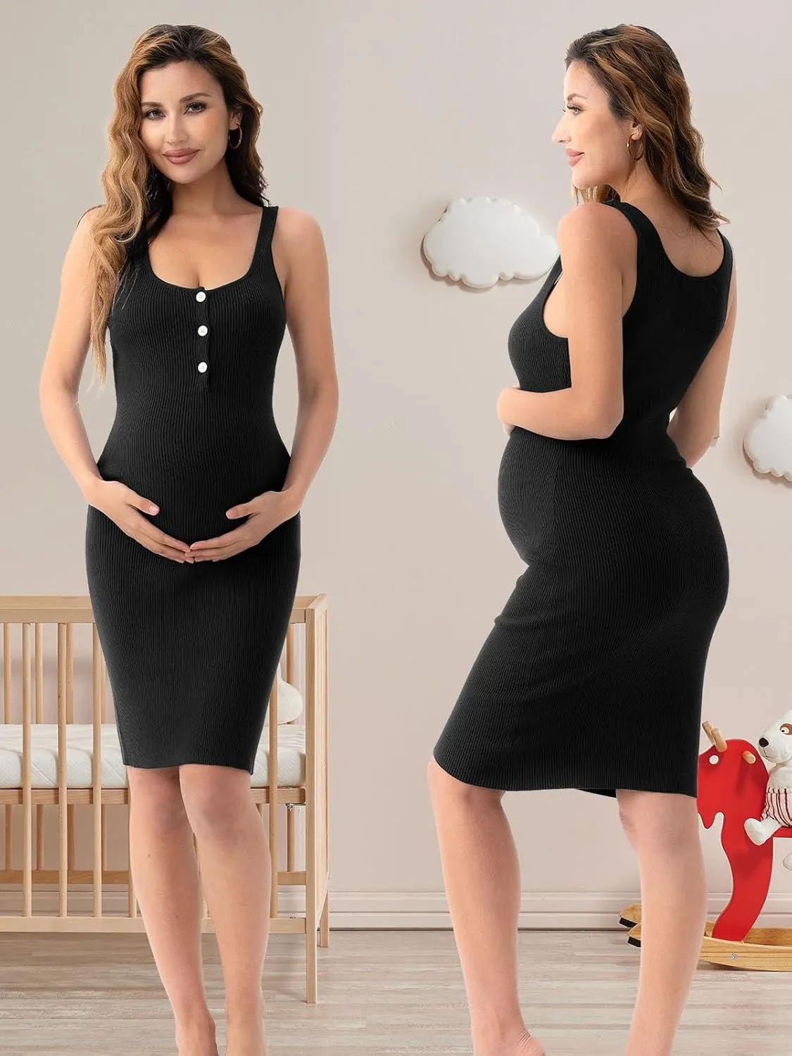 Rnxrbb Striped Button Maternity Dress Summer Bodycon Tank Pregnancy Dresses Sleeveless Clothes Ribbed Knit