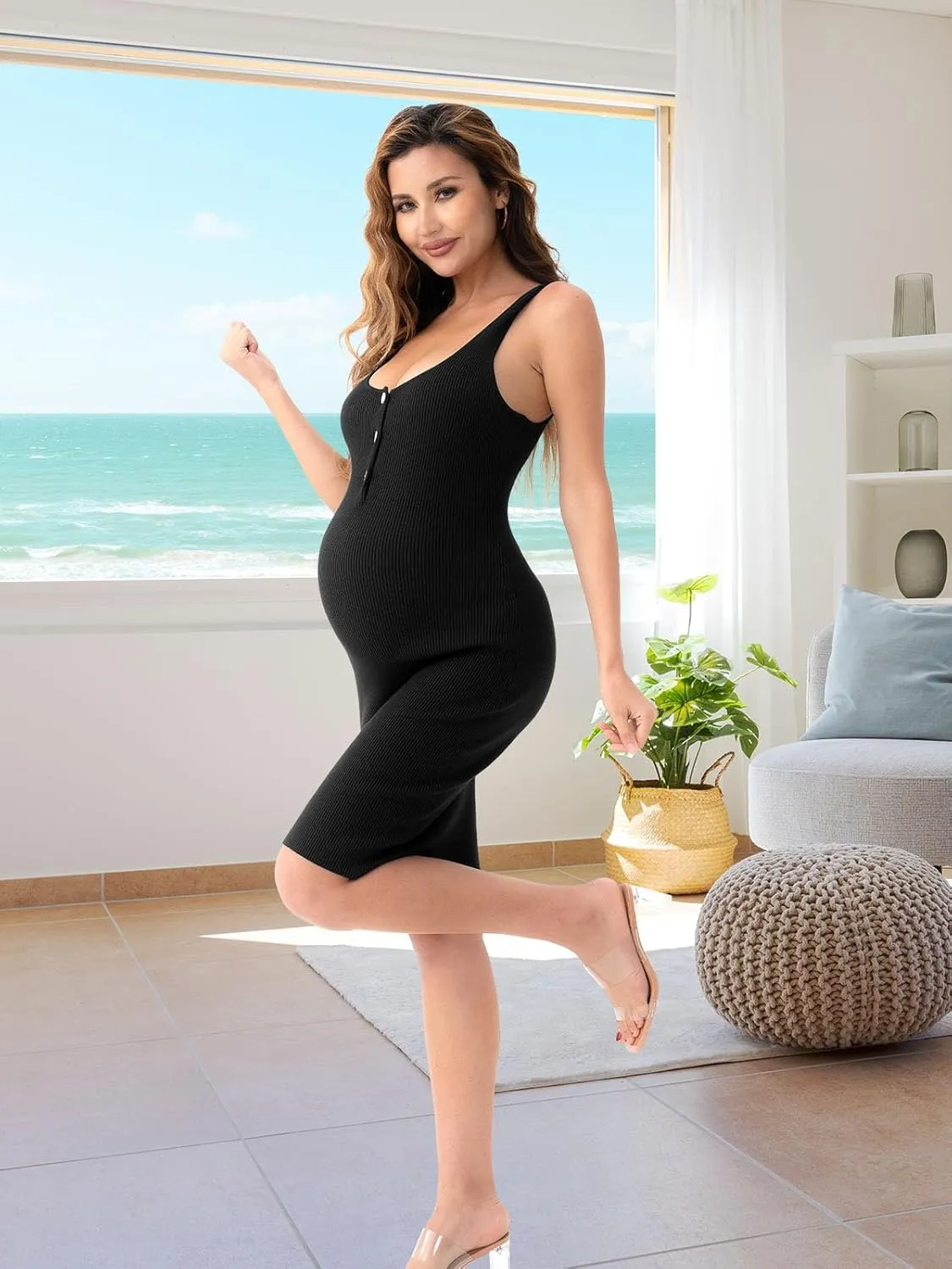 Rnxrbb Striped Button Maternity Dress Summer Bodycon Tank Pregnancy Dresses Sleeveless Clothes Ribbed Knit