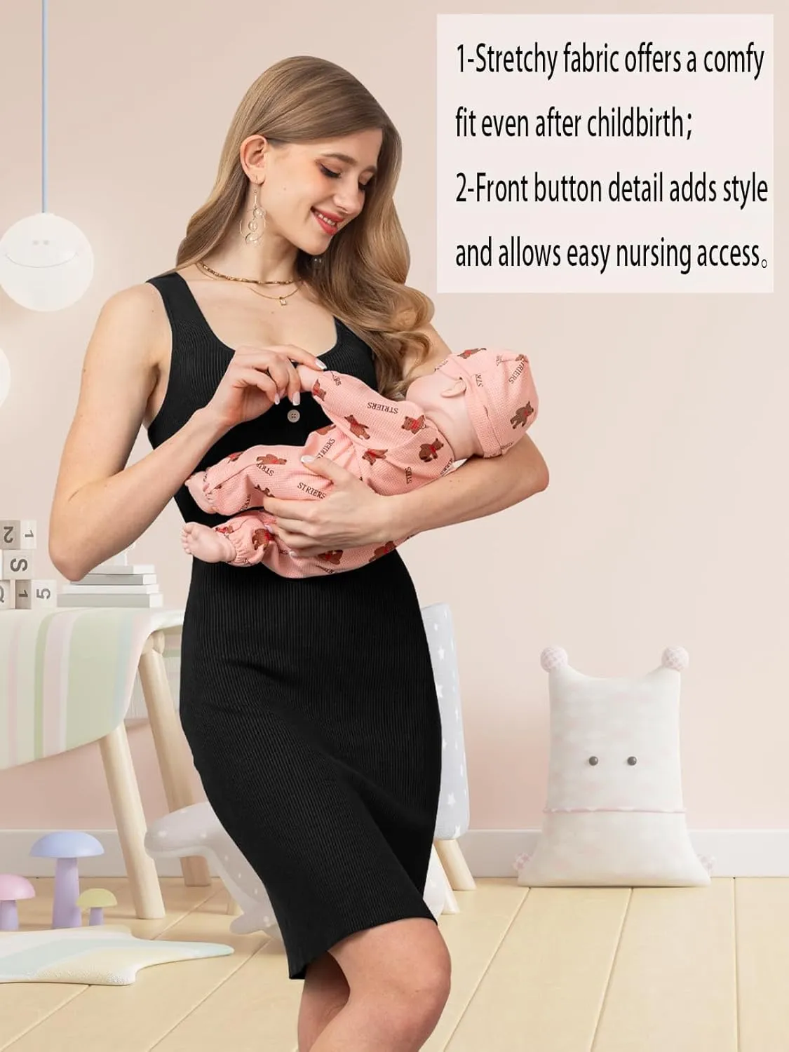 Rnxrbb Striped Button Maternity Dress Summer Bodycon Tank Pregnancy Dresses Sleeveless Clothes Ribbed Knit