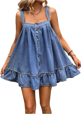 SHENHE Women's Ruffle Hem Denim Mini Dress Sleeveless Button Up Flowy Jean Tank Dresses
