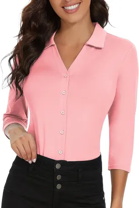 Soneven Womens 3/4 Sleeve Button Down Shirt V Neck Collared Polo Shirts Work Blouses