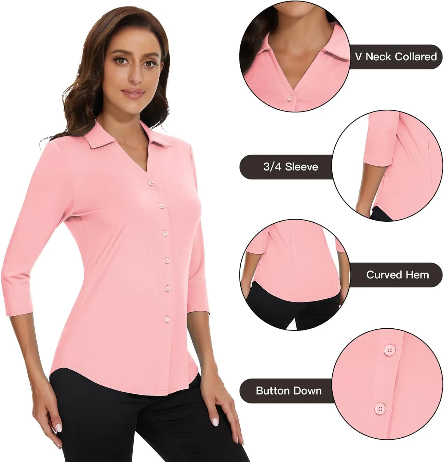 Soneven Womens 3/4 Sleeve Button Down Shirt V Neck Collared Polo Shirts Work Blouses