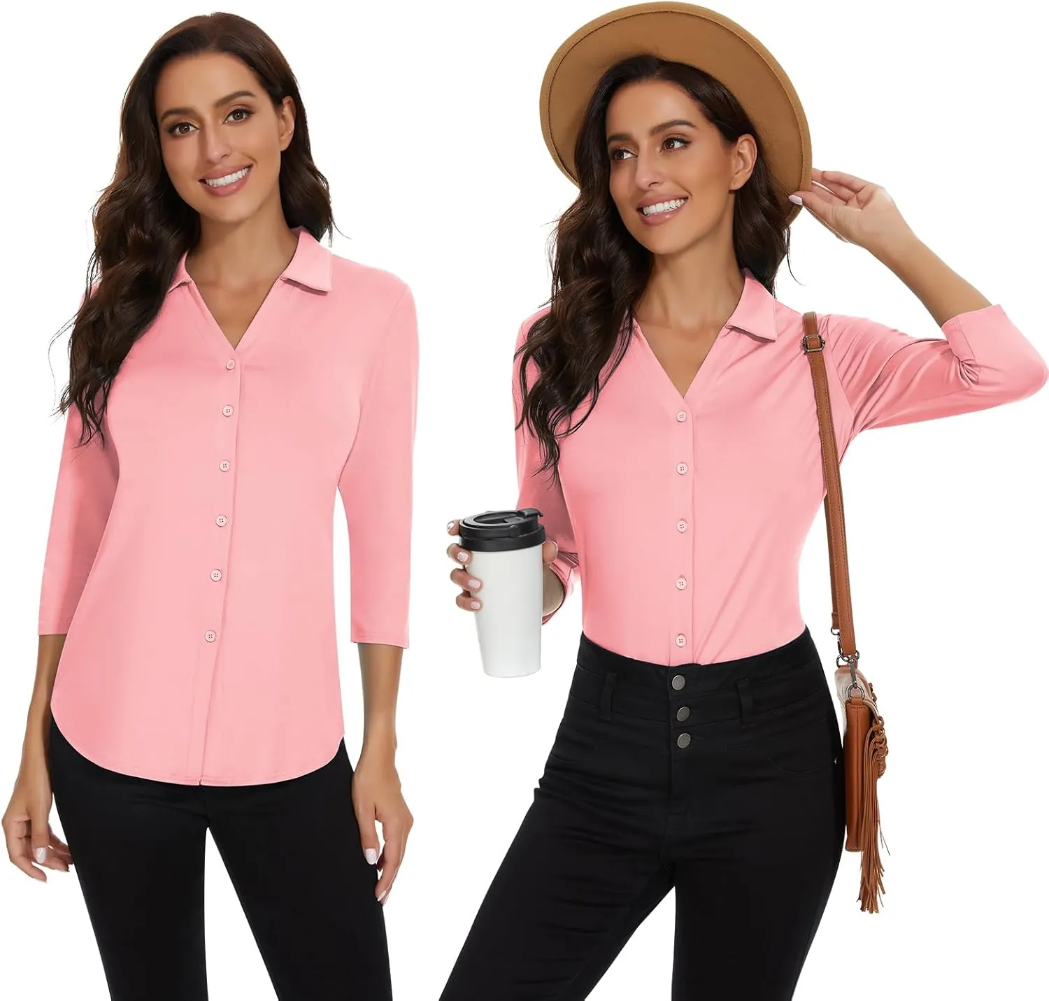 Soneven Womens 3/4 Sleeve Button Down Shirt V Neck Collared Polo Shirts Work Blouses