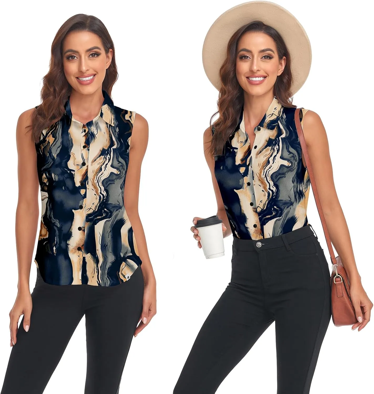 Soneven Womens Sleeveless Button Down Shirts Printed Golf Polo Shirts Business Casual Work Blouse Tops