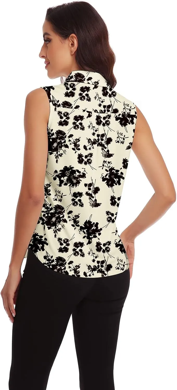 Soneven Womens Sleeveless Button Down Shirts Printed Golf Polo Shirts Business Casual Work Blouse Tops