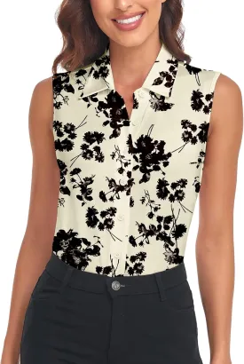 Soneven Womens Sleeveless Button Down Shirts Printed Golf Polo Shirts Business Casual Work Blouse Tops