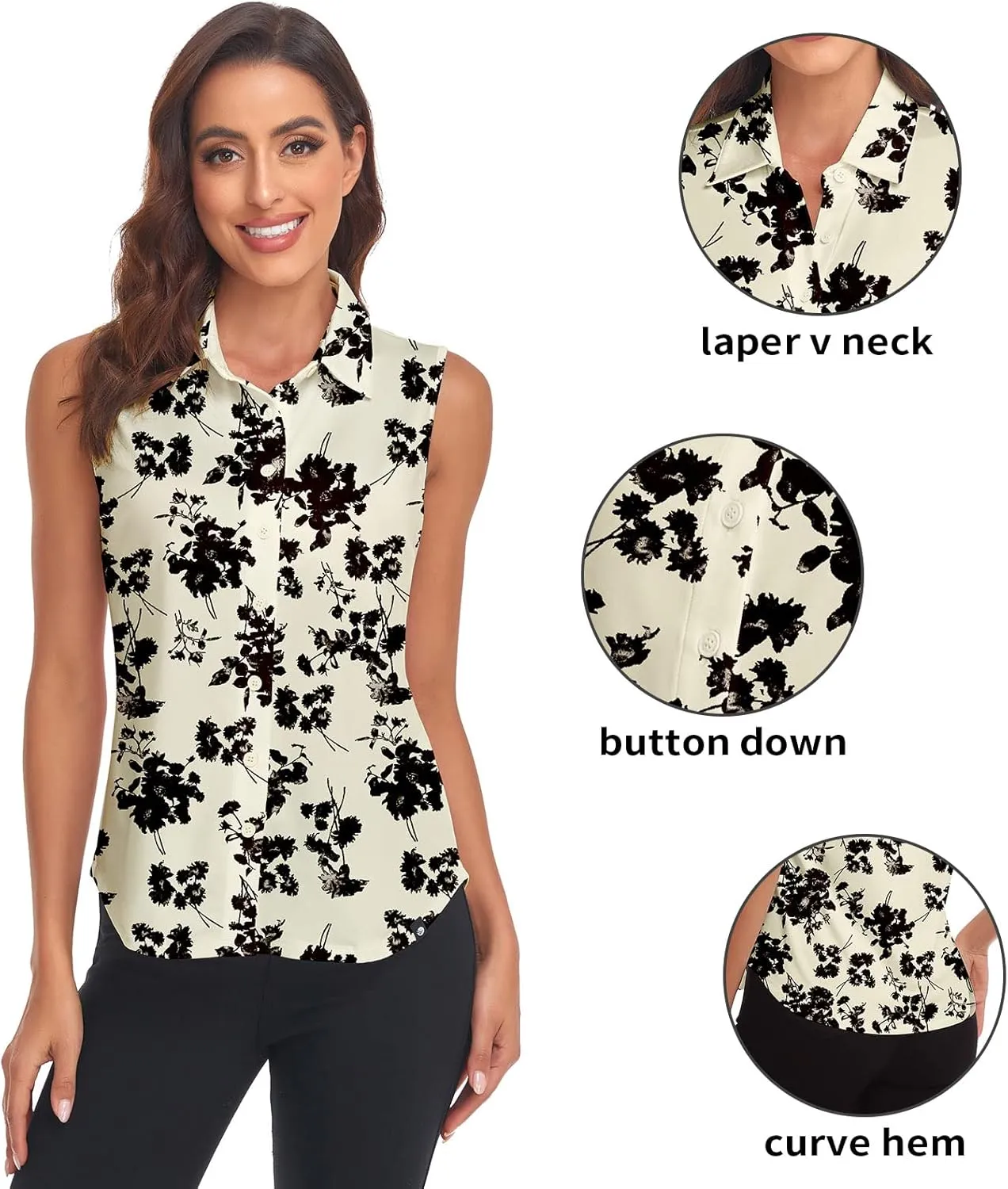 Soneven Womens Sleeveless Button Down Shirts Printed Golf Polo Shirts Business Casual Work Blouse Tops