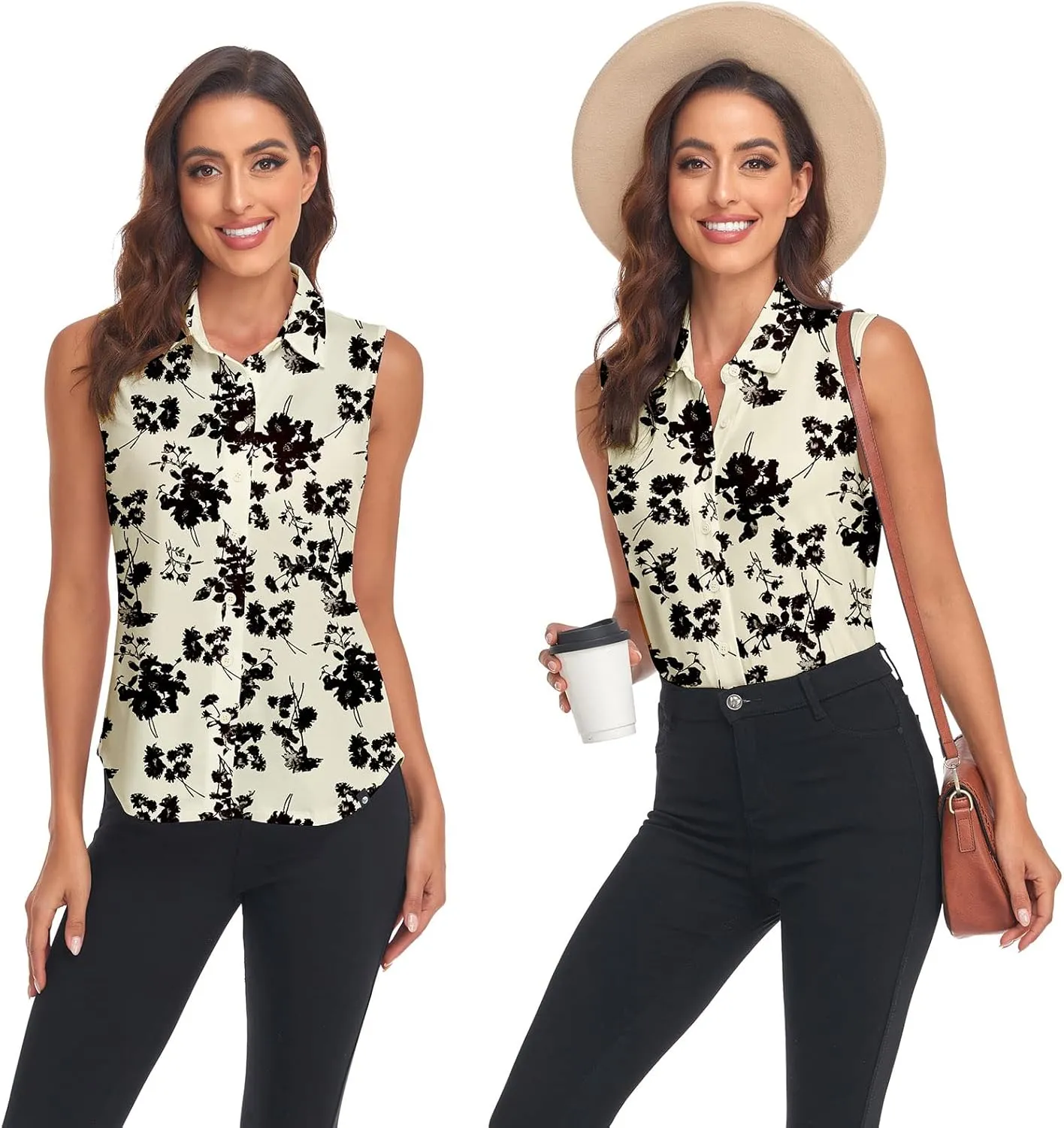 Soneven Womens Sleeveless Button Down Shirts Printed Golf Polo Shirts Business Casual Work Blouse Tops