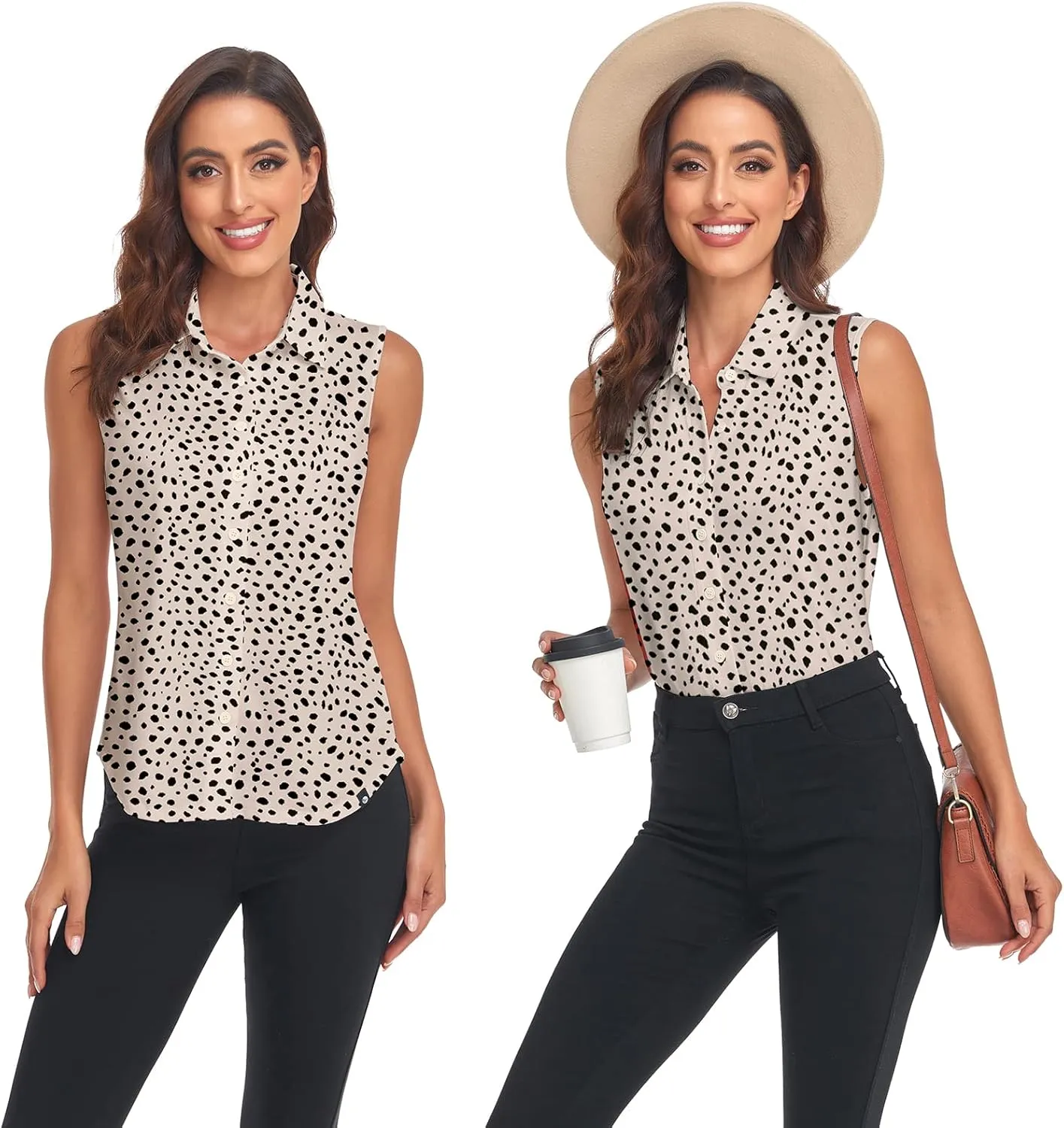 Soneven Women's Sleeveless Polo Button Down Shirt V Neck Casual Work Blouse
