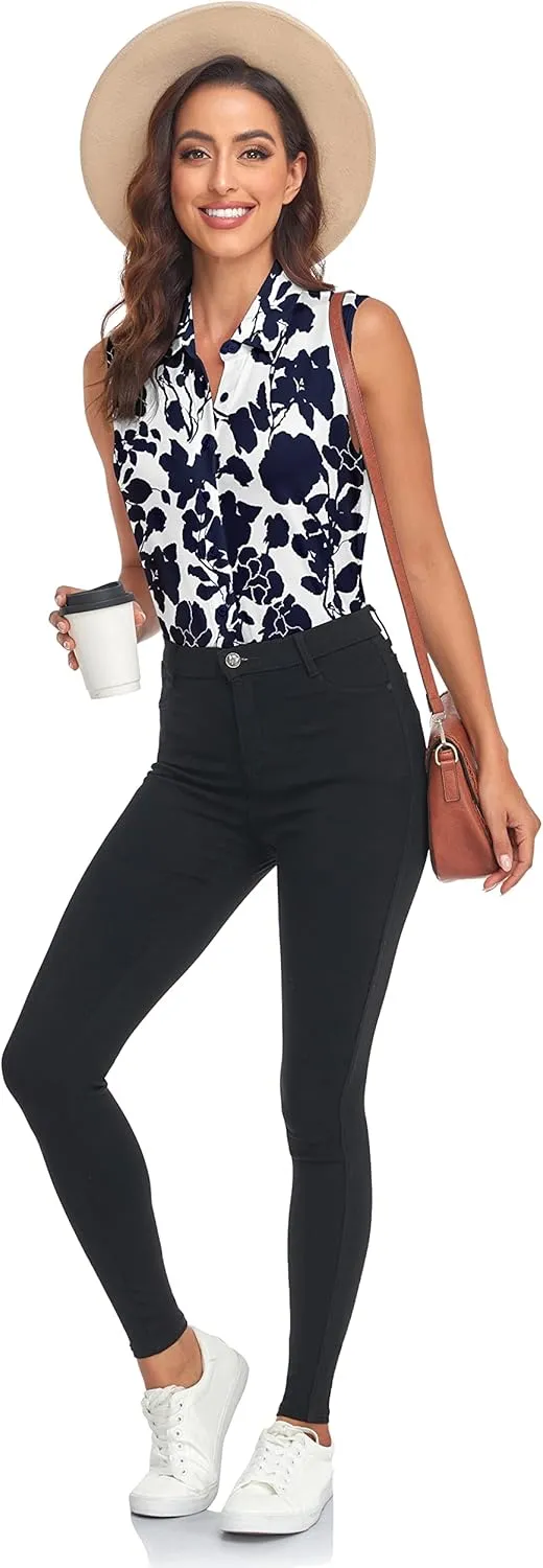 Soneven Women's Sleeveless Polo Button Down Shirt V Neck Casual Work Blouse