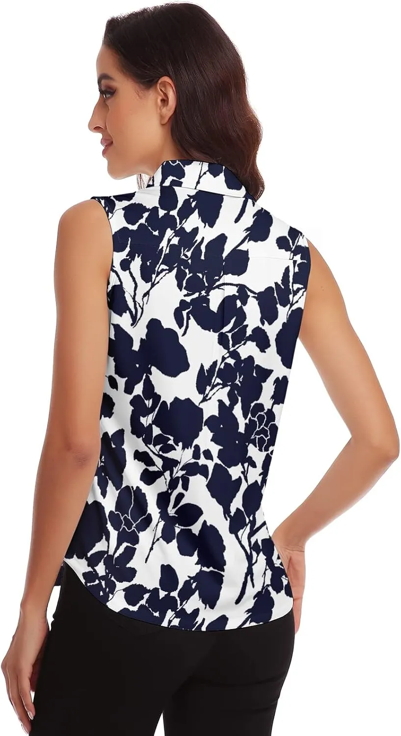 Soneven Women's Sleeveless Polo Button Down Shirt V Neck Casual Work Blouse
