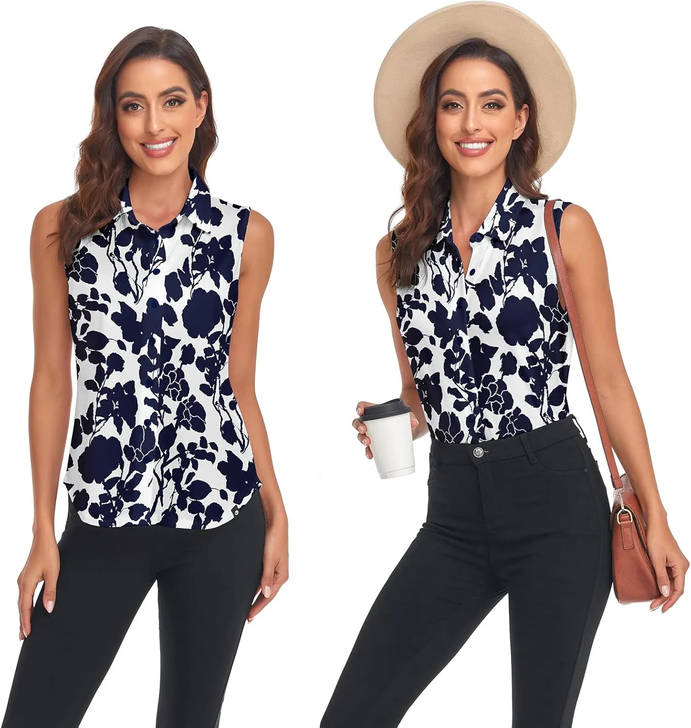 Soneven Women's Sleeveless Polo Button Down Shirt V Neck Casual Work Blouse