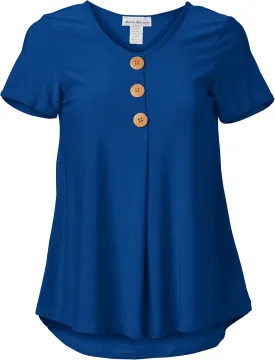 Star Vixen Women's Petite Elbow Sleeve Button Front Flowy Tank Top with Pleated Detail