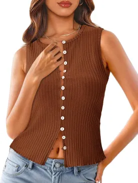 Tankaneo Womens Going Out Tops Summer Cute Ribbed Tank Crop Button Up Vest Top Y2K Sexy Outfits