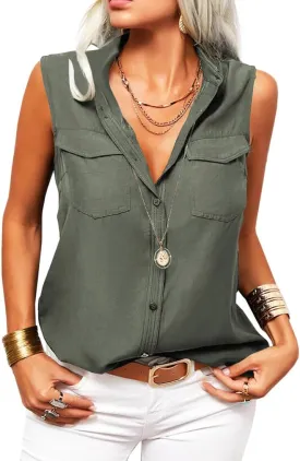 Veatzaer Women's Solid Lapel Sleeveless Tank Tops Summer Button Down Shirts Office Ladies Shirts