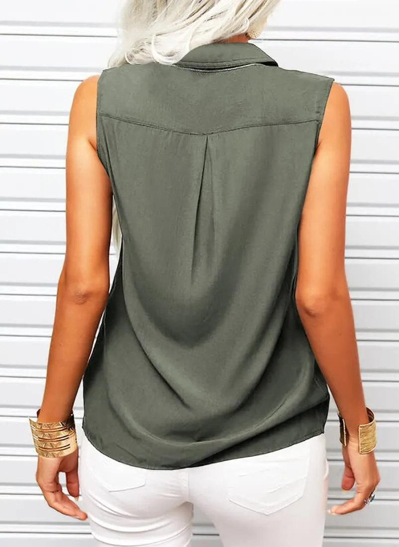 Veatzaer Women's Solid Lapel Sleeveless Tank Tops Summer Button Down Shirts Office Ladies Shirts