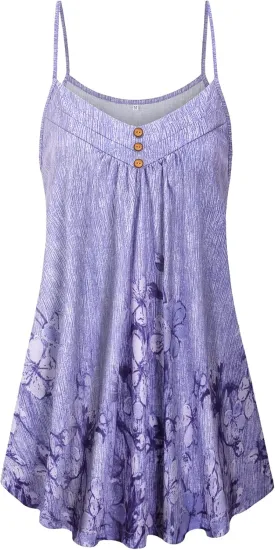 Viracy Women's Summer Button V Neck Pleated Spaghetti Strap Camisole Tank Tops (M-3XL)