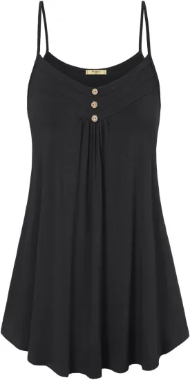 Viracy Women's Summer Button V Neck Pleated Spaghetti Strap Camisole Tank Tops (M-3XL)