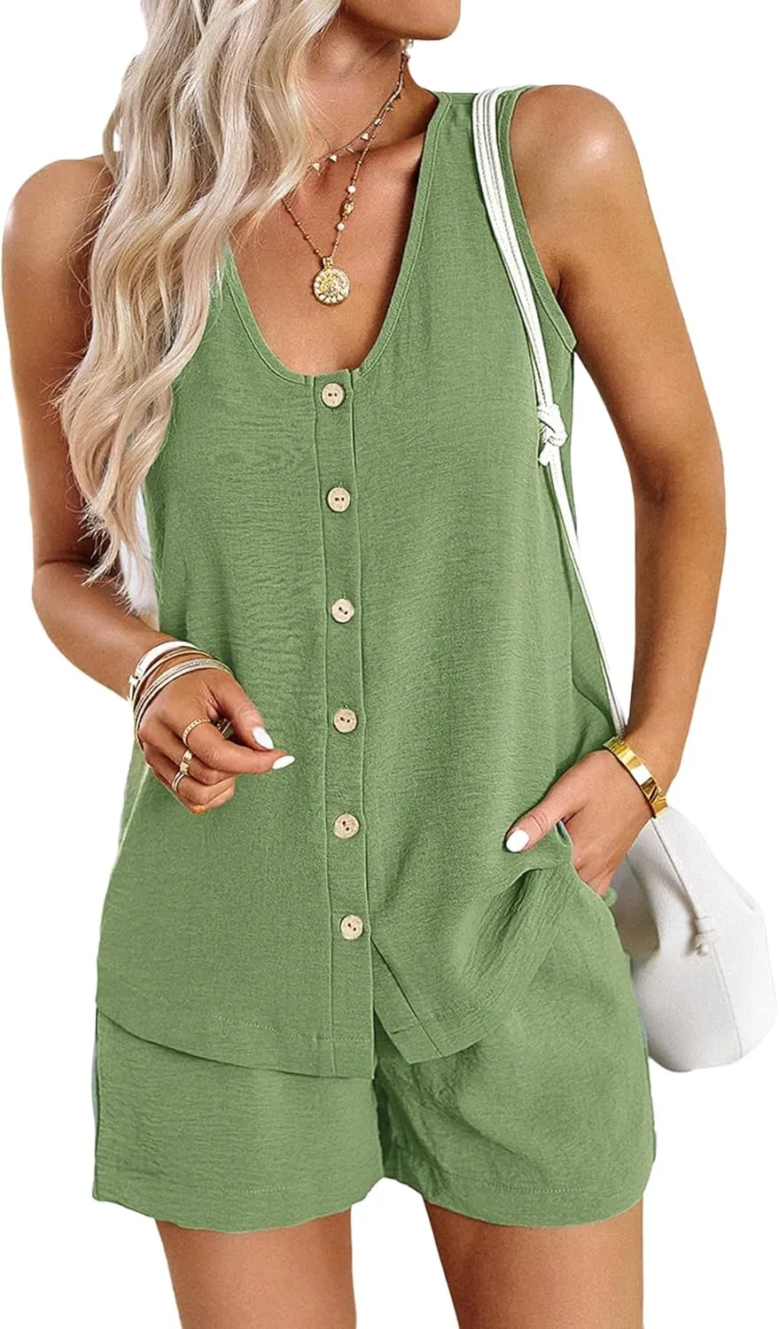 Vrtige Women's 2 Piece Outfits Button Down V Neck Sleeveless Tank and Elastic Waist Shorts Set