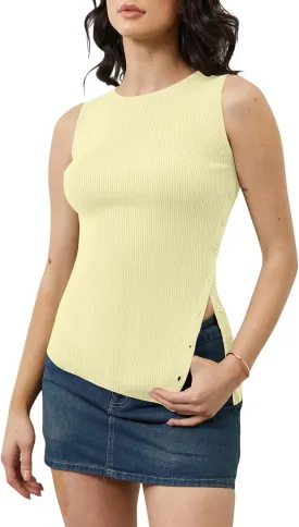 Women Asymmetrical Button Down Side Split Sweater Tank Top Sleeveless Boat Neck Solid Slim Side-Button Rib Knit Vest