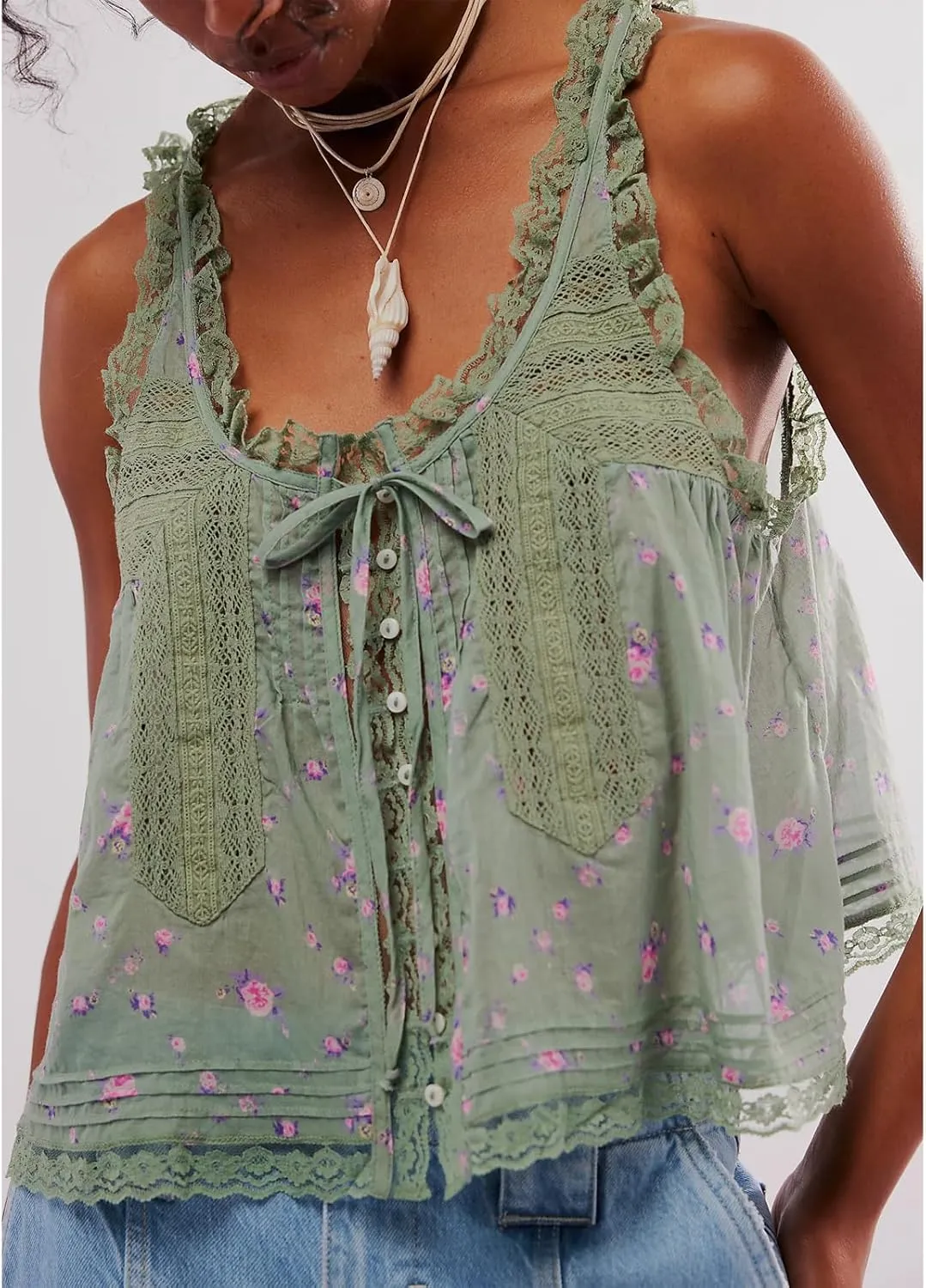 Women Lace Trim Vest Tank Tops Semi Sheer Tie Button Front Crop Y2K Going Out Tops Cute Summer Cami Shirt