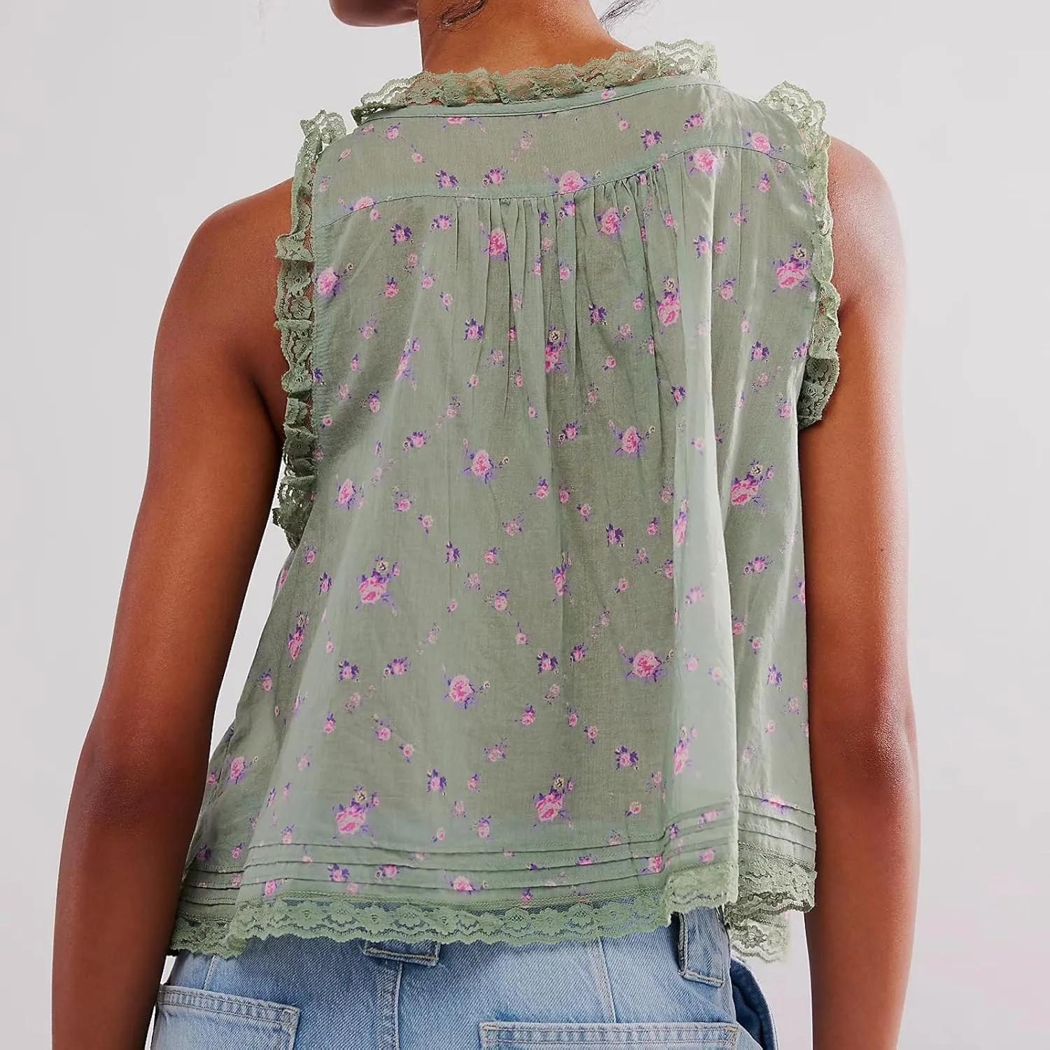 Women Lace Trim Vest Tank Tops Semi Sheer Tie Button Front Crop Y2K Going Out Tops Cute Summer Cami Shirt