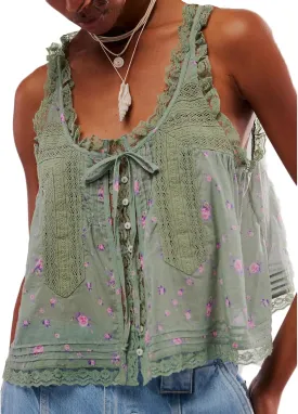 Women Lace Trim Vest Tank Tops Semi Sheer Tie Button Front Crop Y2K Going Out Tops Cute Summer Cami Shirt