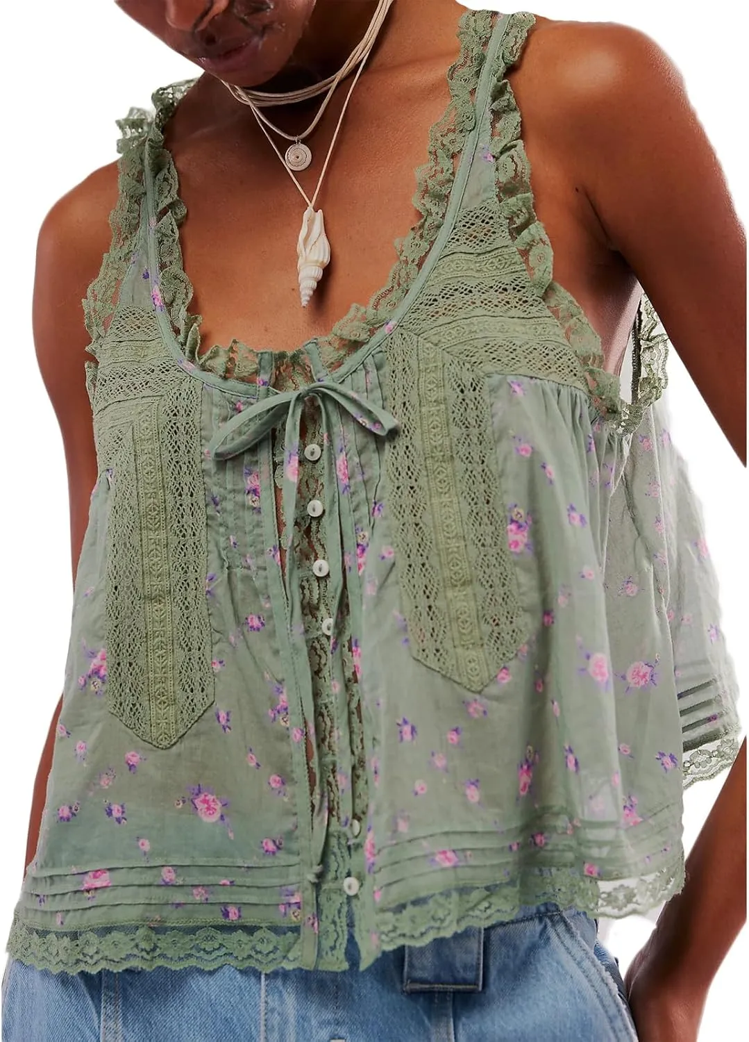 Women Lace Trim Vest Tank Tops Semi Sheer Tie Button Front Crop Y2K Going Out Tops Cute Summer Cami Shirt