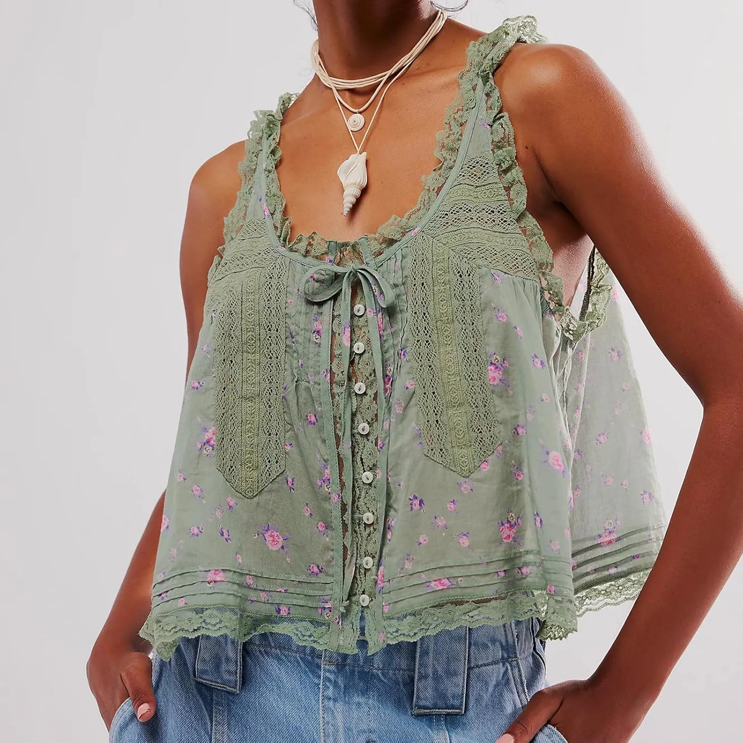 Women Lace Trim Vest Tank Tops Semi Sheer Tie Button Front Crop Y2K Going Out Tops Cute Summer Cami Shirt