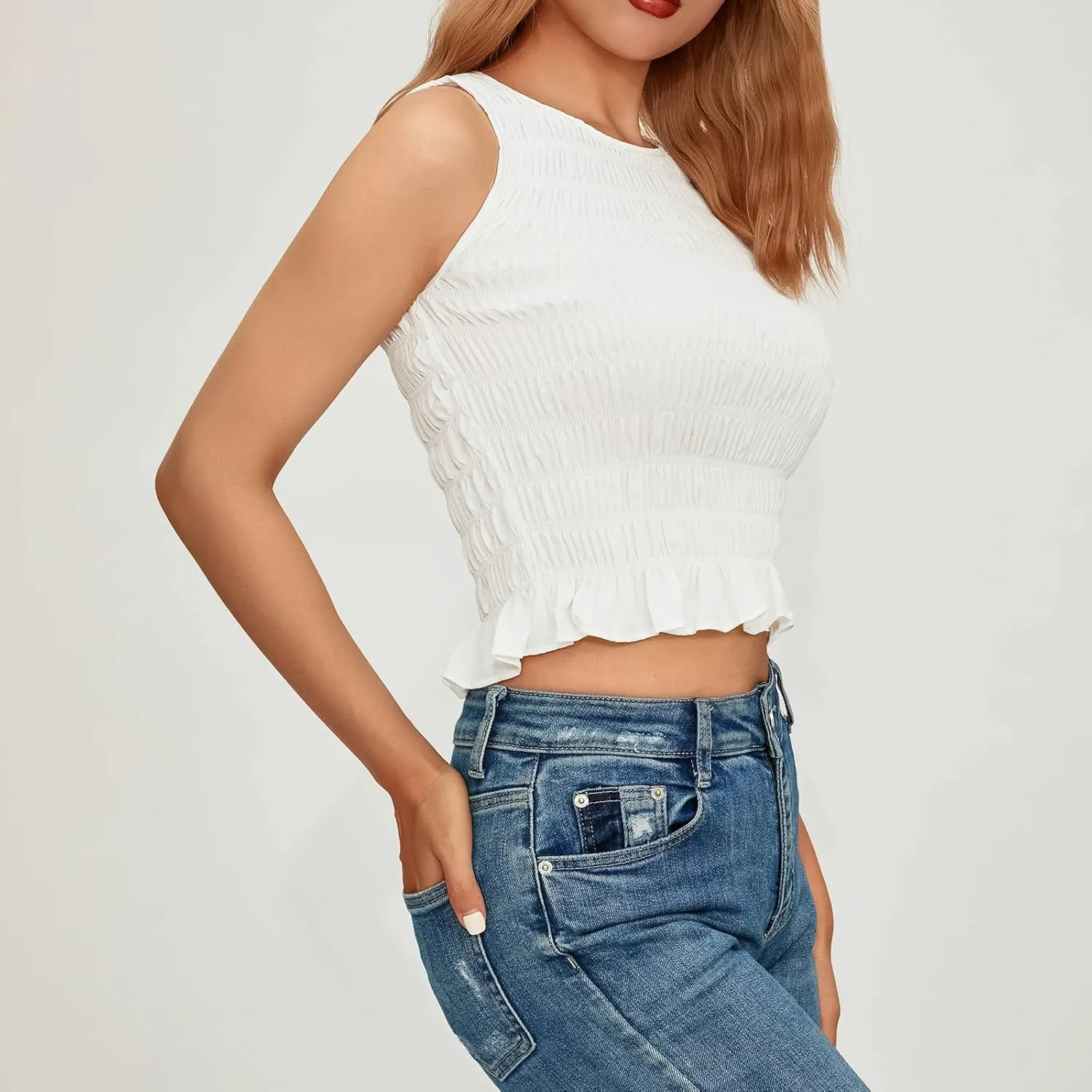 Women Shirred Tank Top Ruffle Sleeveless Tanks Frill Smocked Halter Cami Tops Summer Streetwear