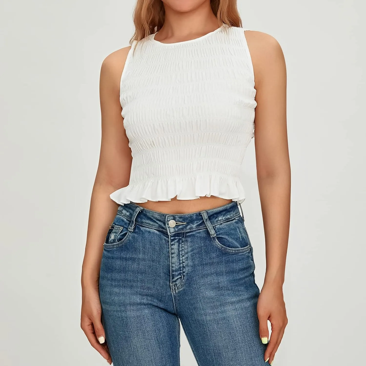 Women Shirred Tank Top Ruffle Sleeveless Tanks Frill Smocked Halter Cami Tops Summer Streetwear