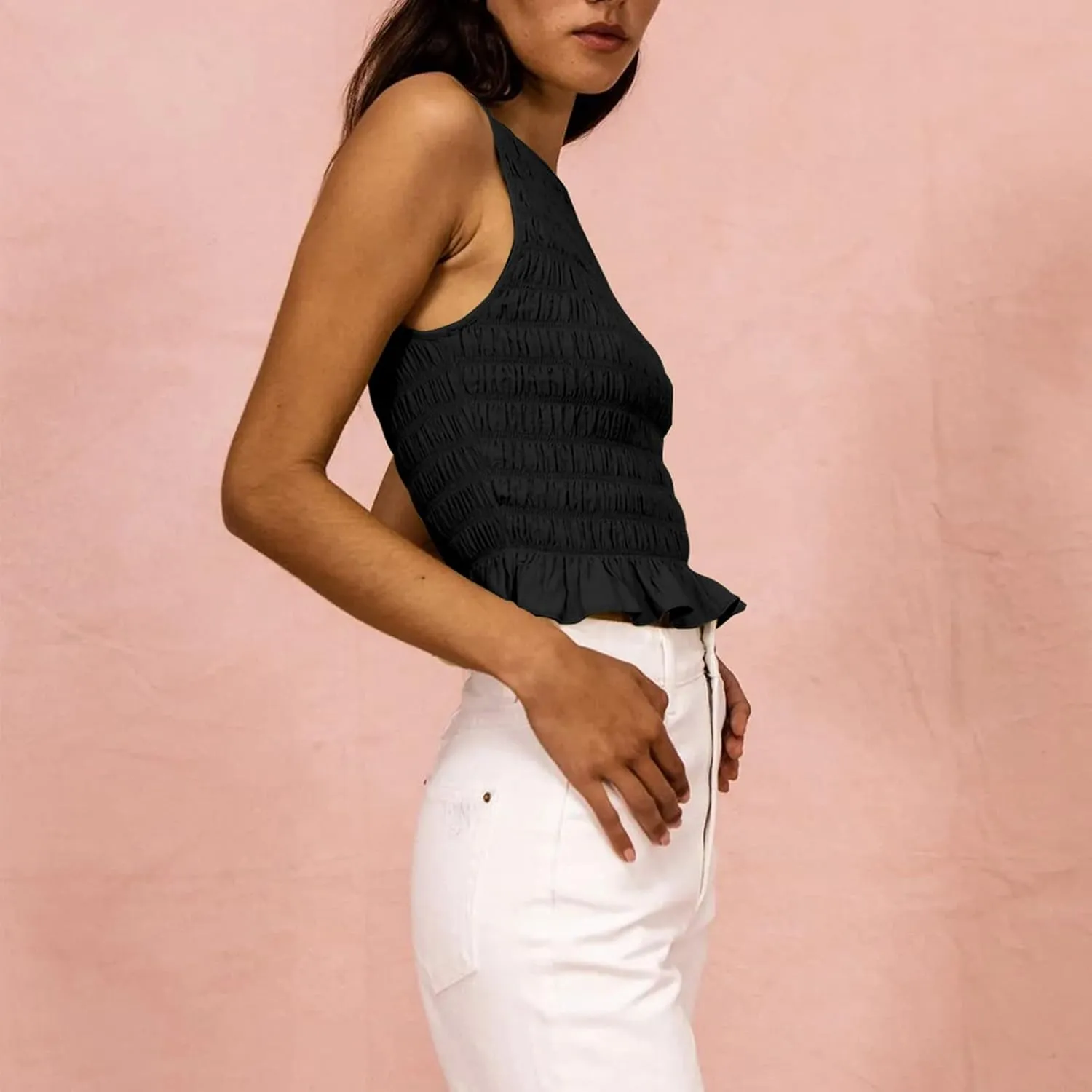 Women Shirred Tank Top Ruffle Sleeveless Tanks Frill Smocked Halter Cami Tops Summer Streetwear