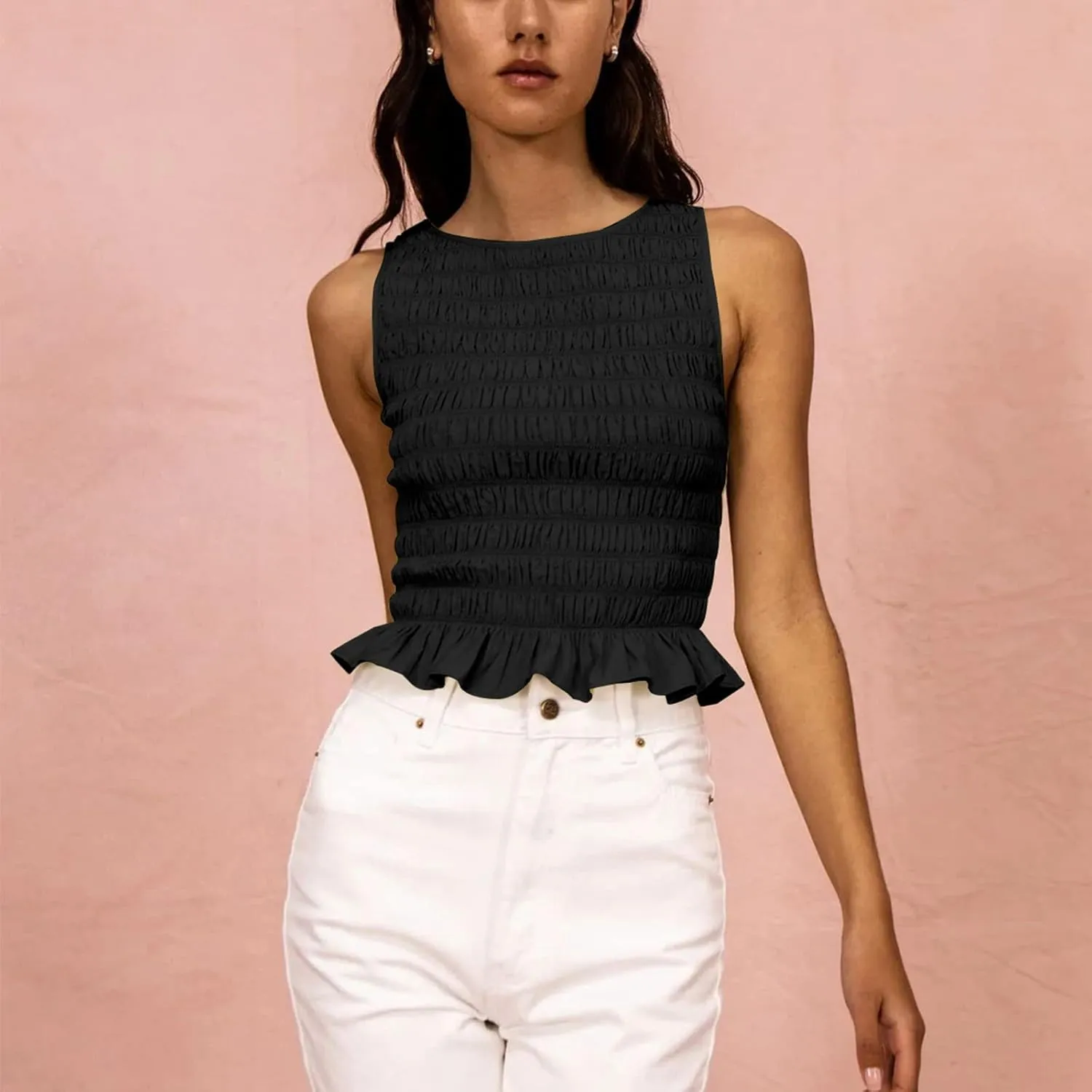 Women Shirred Tank Top Ruffle Sleeveless Tanks Frill Smocked Halter Cami Tops Summer Streetwear
