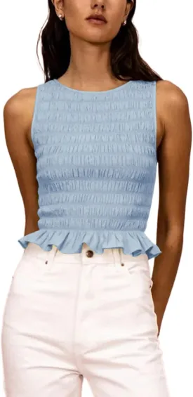 Women Shirred Tank Top Ruffle Sleeveless Tanks Frill Smocked Halter Cami Tops Summer Streetwear