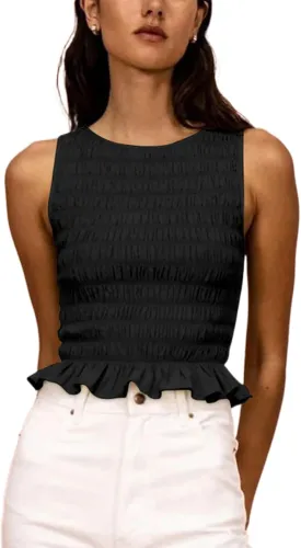 Women Shirred Tank Top Ruffle Sleeveless Tanks Frill Smocked Halter Cami Tops Summer Streetwear