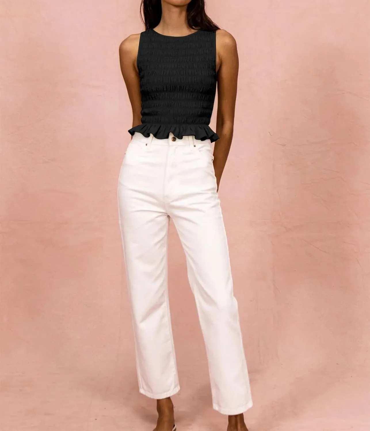 Women Shirred Tank Top Ruffle Sleeveless Tanks Frill Smocked Halter Cami Tops Summer Streetwear