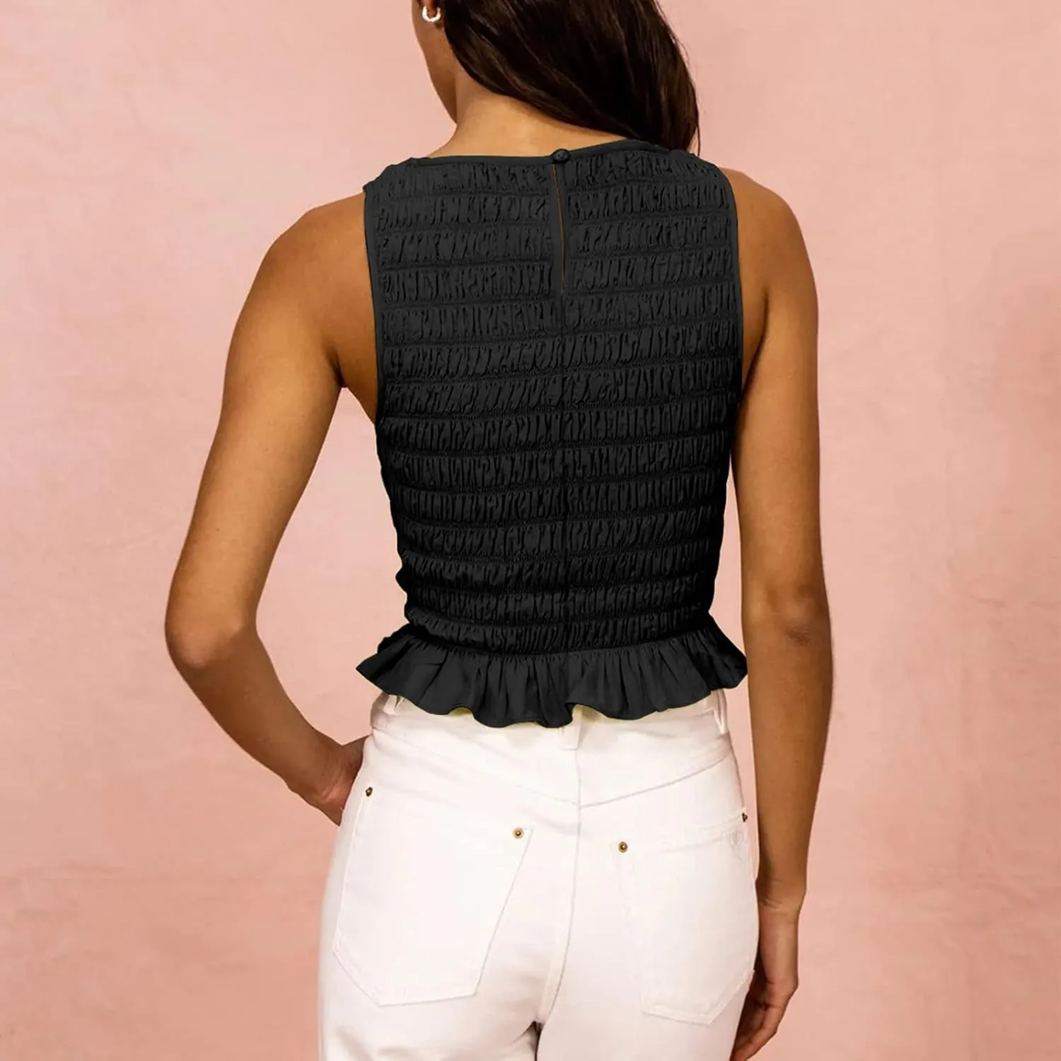 Women Shirred Tank Top Ruffle Sleeveless Tanks Frill Smocked Halter Cami Tops Summer Streetwear