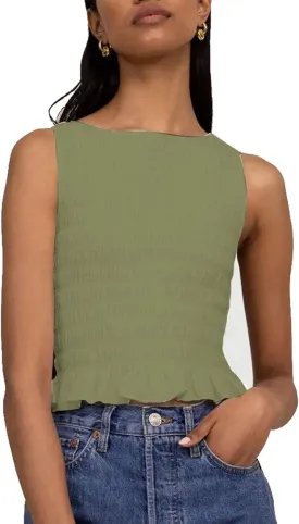 Women Shirred Tank Top Ruffle Sleeveless Tanks Frill Smocked Halter Cami Tops Summer Streetwear