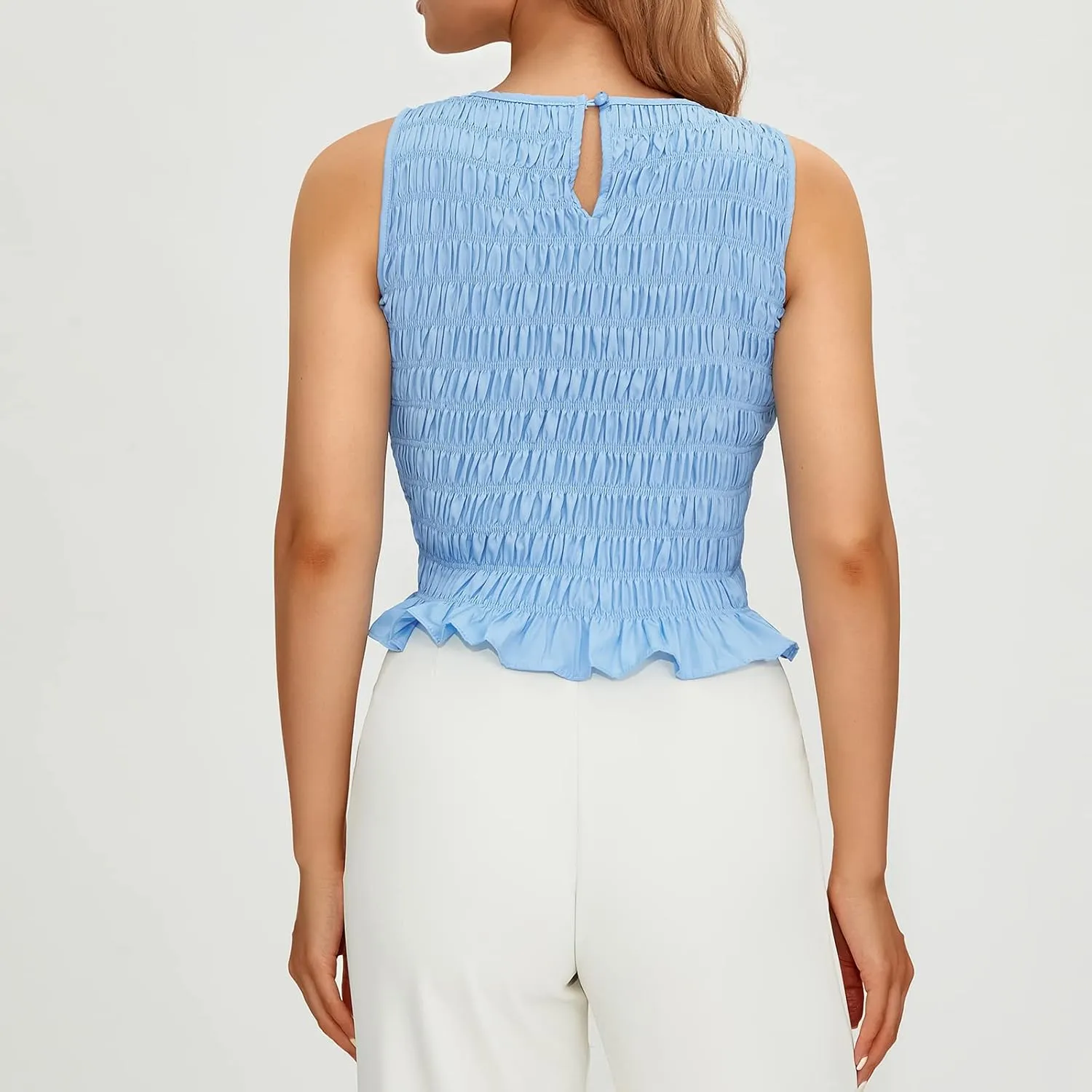 Women Shirred Tank Top Ruffle Sleeveless Tanks Frill Smocked Halter Cami Tops Summer Streetwear