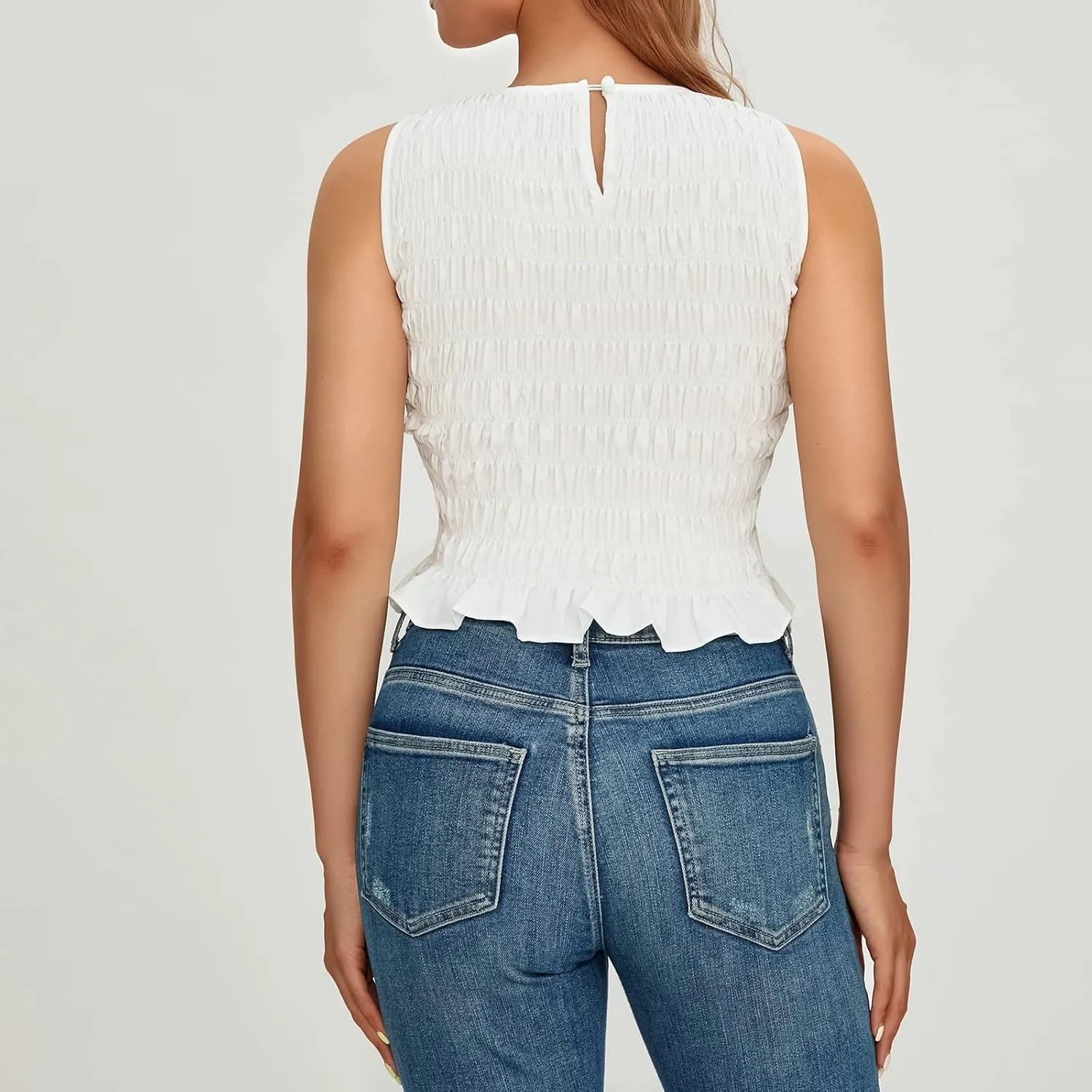 Women Shirred Tank Top Ruffle Sleeveless Tanks Frill Smocked Halter Cami Tops Summer Streetwear