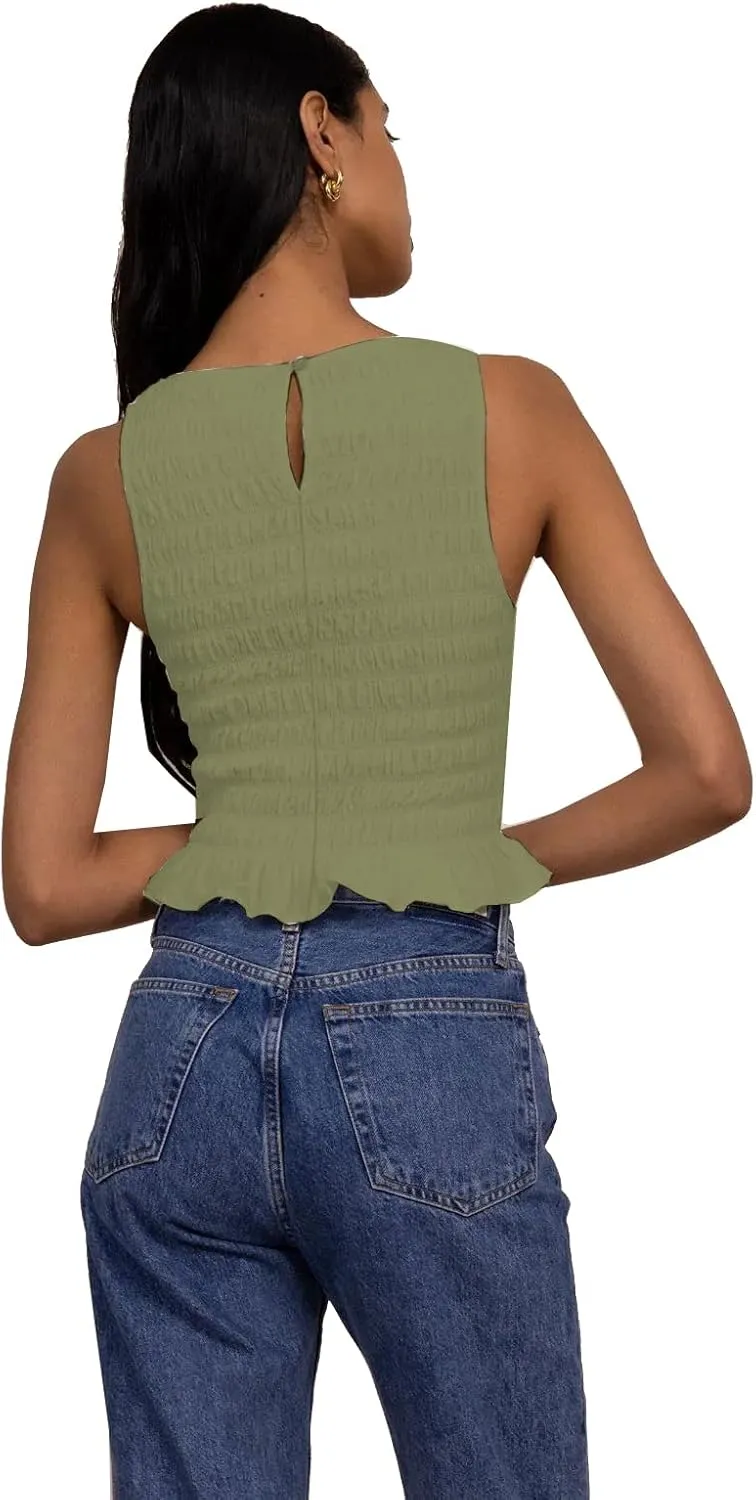 Women Shirred Tank Top Ruffle Sleeveless Tanks Frill Smocked Halter Cami Tops Summer Streetwear