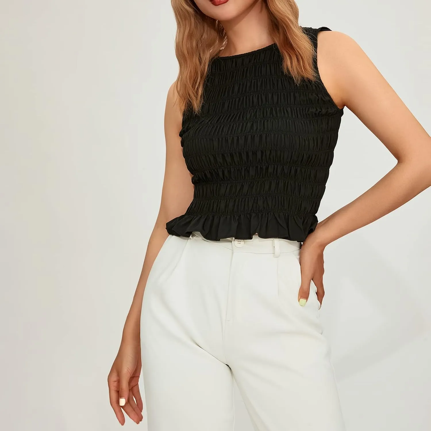 Women Shirred Tank Top Ruffle Sleeveless Tanks Frill Smocked Halter Cami Tops Summer Streetwear