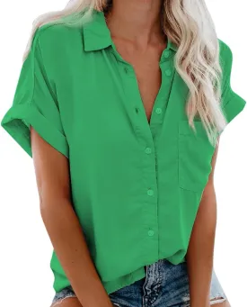 Womens Button Down Shirts Casual Cap Sleeve V Neck Shirt Business Work Blouses Slim Fit Summer Fashion Dressy Tops