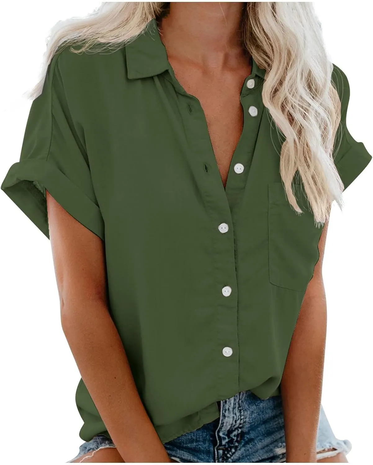 Womens Button Down Shirts Casual Cap Sleeve V Neck Shirt Business Work Blouses Slim Fit Summer Fashion Dressy Tops