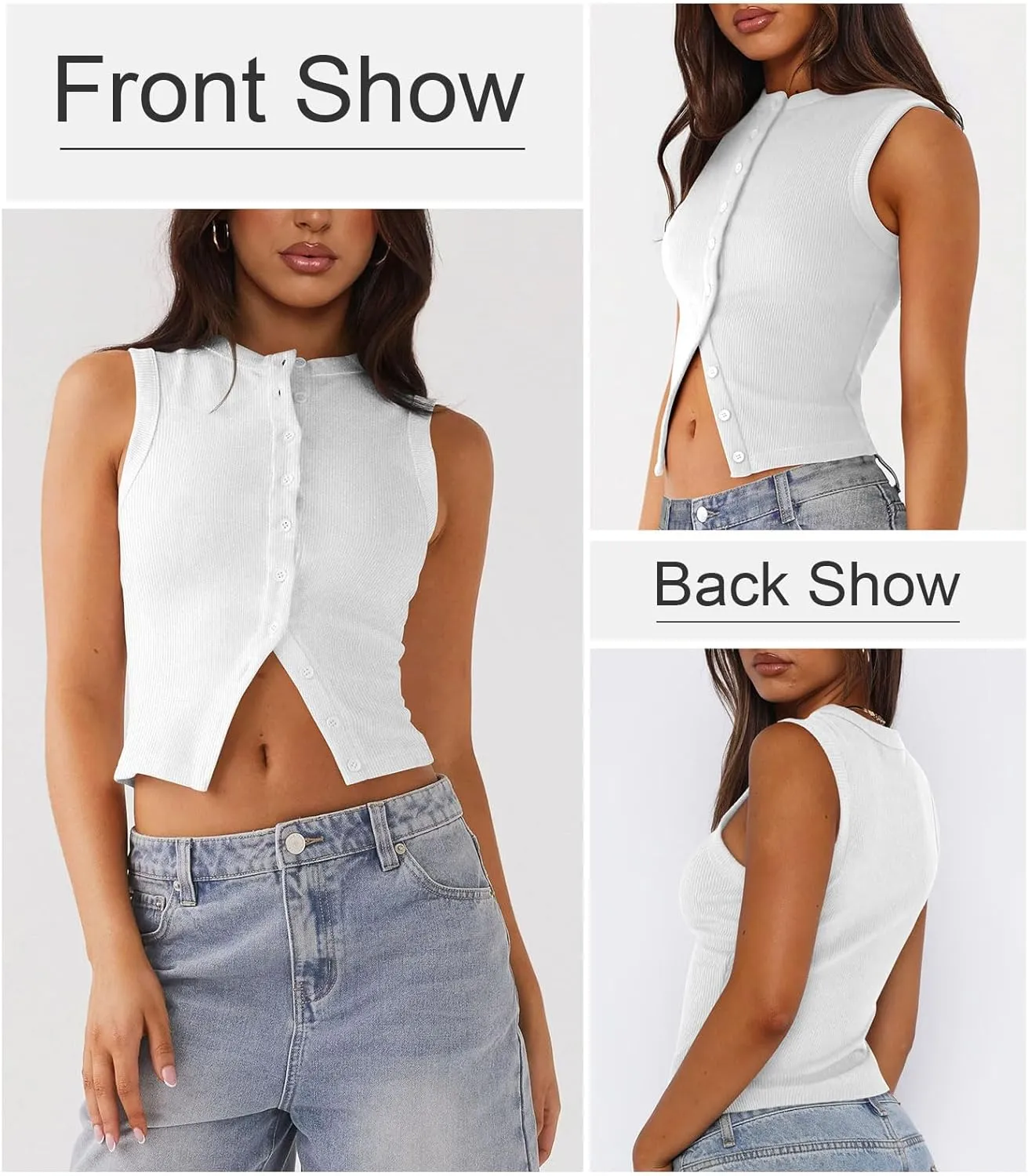 Womens Button Down Tank Top Sleeveless Ribbed Fitted Vest Casual Crewneck Trendy Y2K Going Out Crop Knit Vest Top