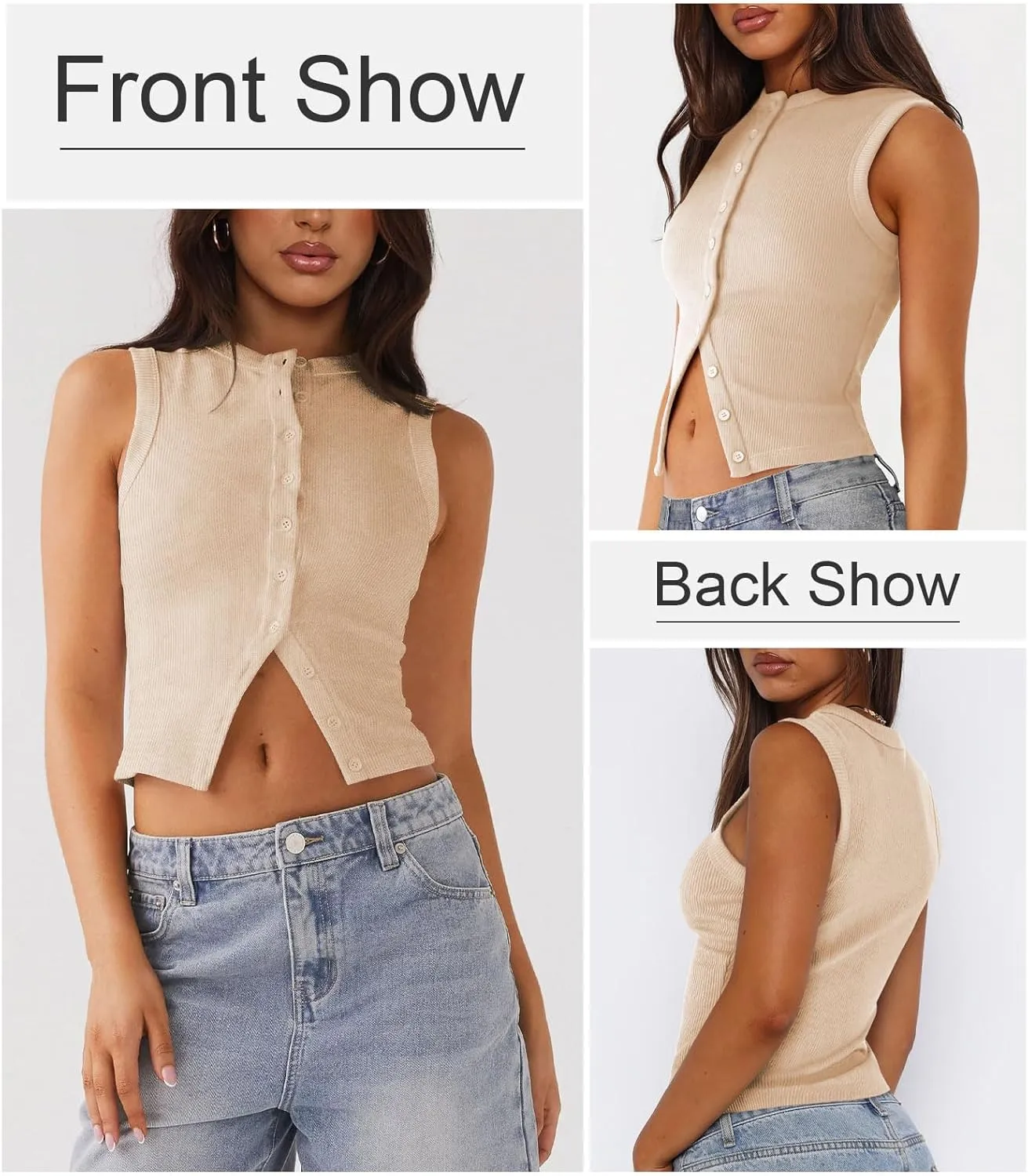Womens Button Down Tank Top Sleeveless Ribbed Fitted Vest Casual Crewneck Trendy Y2K Going Out Crop Knit Vest Top