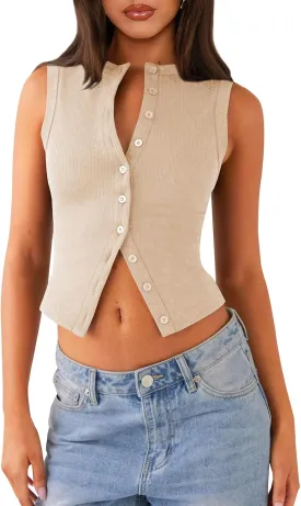 Womens Button Down Tank Top Sleeveless Ribbed Fitted Vest Casual Crewneck Trendy Y2K Going Out Crop Knit Vest Top